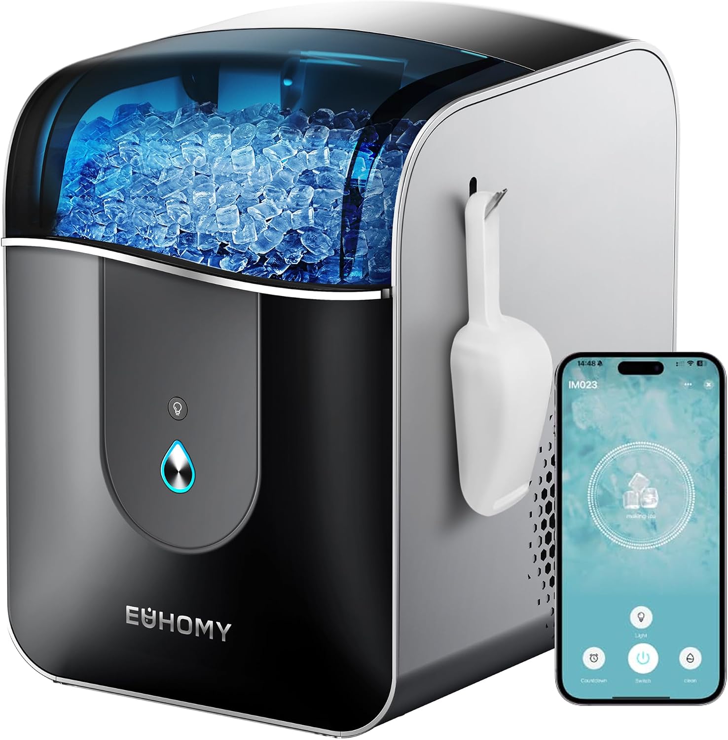 EUHOMY Smart Nugget Ice Maker Countertop, 40lbs/24H Sonic Ice Machine with APP Control, Ready in 8 Mins, Self-Cleaning Pebble Ice Machine for Home/Kitchen/Office