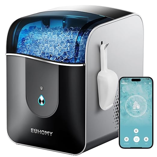 EUHOMY Smart Nugget Ice Maker Countertop, 40lbs/24H Sonic Ice Machine with APP Control, Ready in 8 Mins, Self-Cleaning Pebble Ice Machine for Home/Kitchen/Office