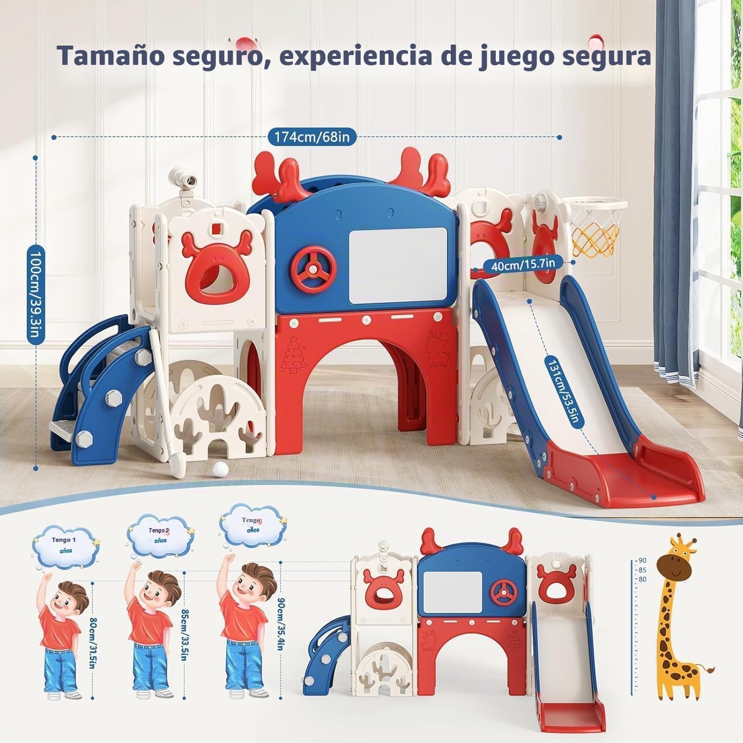 Tobogán para niños, grande con canasta de baloncesto, estructura de escalada para jardín, telescopio, espacio de almacenamiento (tobogán alce 7 en 1 – azul y rojo)