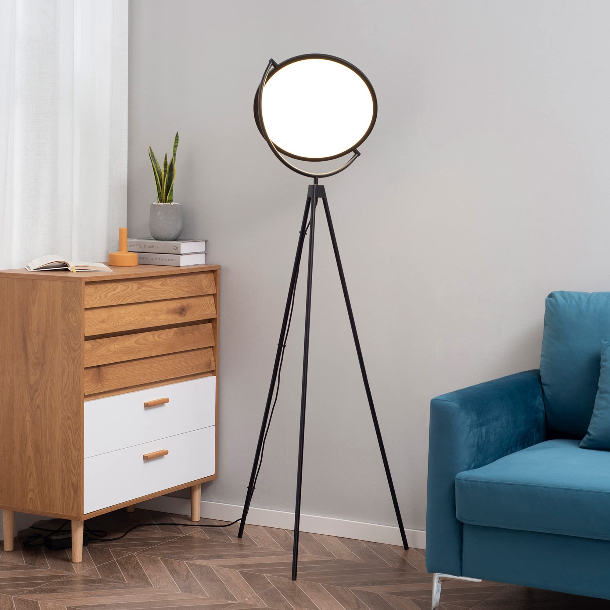 HOMCOM Lámpara de Pie Moderna Lámpara de Suelo con Luz LED de 20W Trípode de Metal Pantalla Giratoria e Interruptor de Pedal para Sala de Estar Estudio Dormitorio 60x60x163 cm Negro