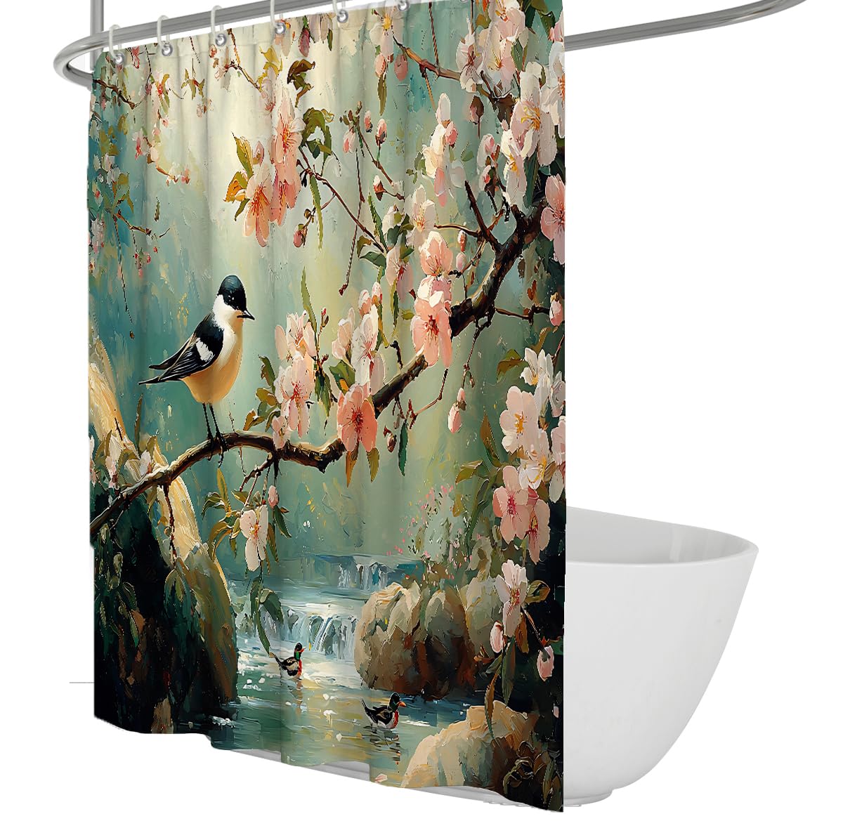 UERWOWELL Vintage Bird and Cherry Blossom Shower Curtain Spring Garden Scene with River Background Bathroom Curtain Waterproof Polyester Fabric W200xL200 cm
