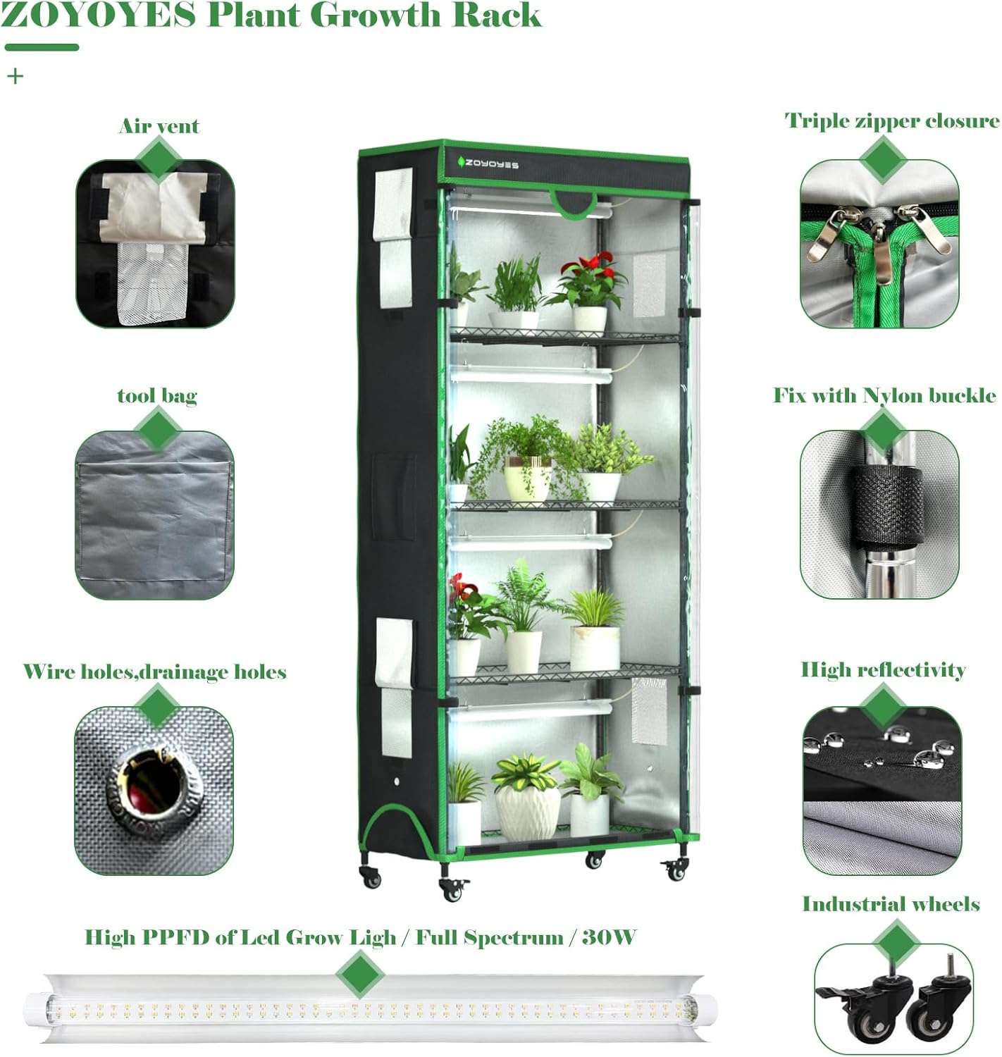 Indoor Greenhouse with Grow Light, 35.8" W x 17.8" D x 71.8" H, 5-Tier Plant Shelf with 3-Color T8 Growth Lights, Plant Stand with Smart Timing Plug and thermohygrometer