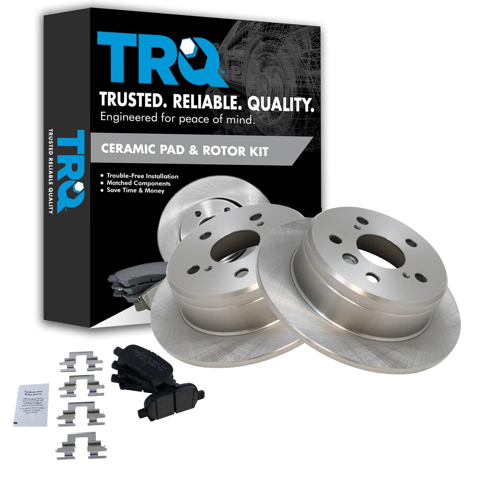 TRQ Rear Brake Pad and Rotor Set Ceramic Solid Rotors Compatible with 2000-2001 Toyota Camry 1999-2003 Solara