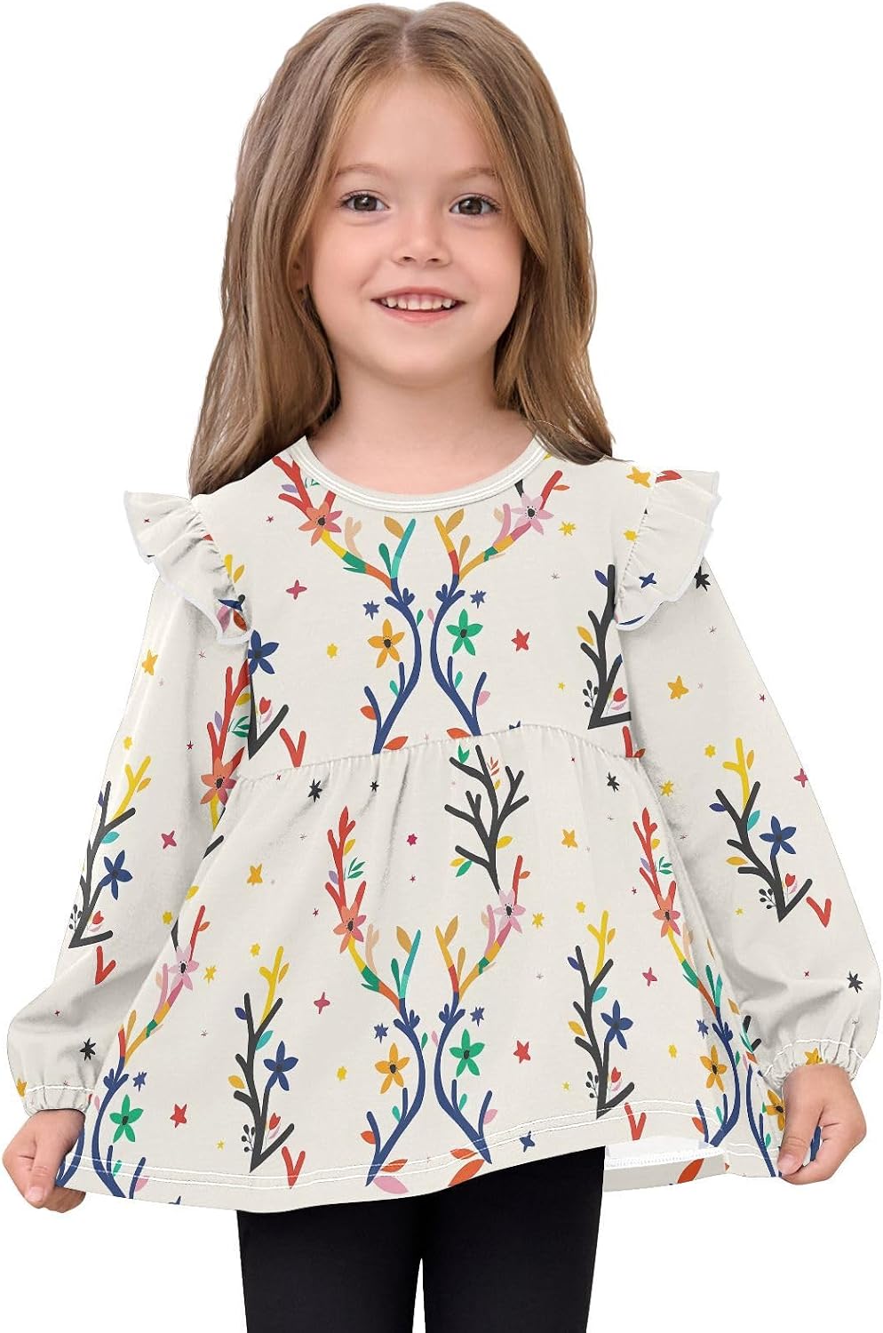 visesunny Toddler Clothes for Girls Vector Antler Flower Long Sleeve Fall Shirts Cotton Top with Ruffle Collar