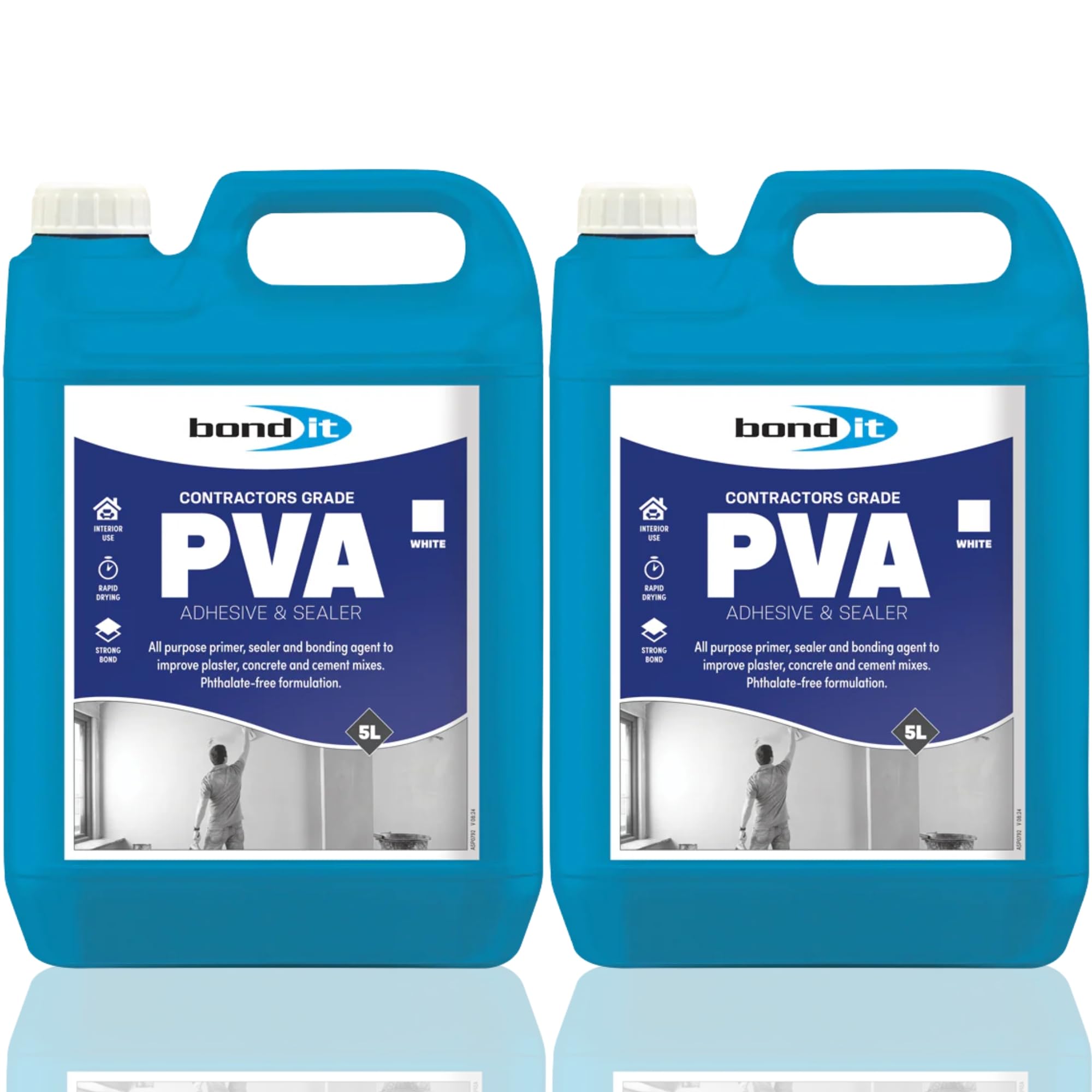 Bond It 1 Hour PVA Contractors Grade 2 Pack (5L Each) – All Purpose PVA Glue Adhesive & Sealer for Plastering, Walls, Timber & Cement – Quick Drying PVA Bond & Primer for Porous Surfaces
