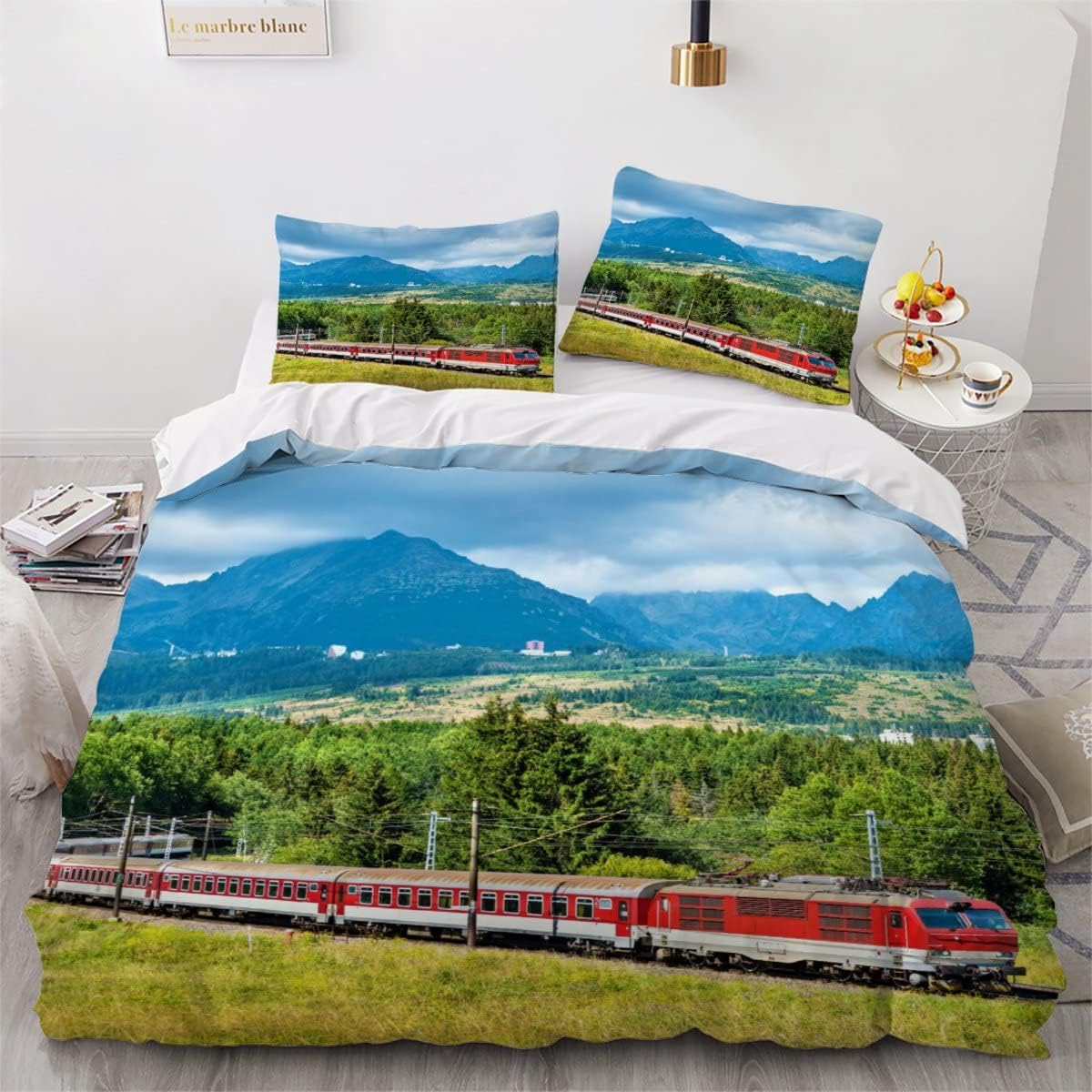 MEVASA King Bedding Set Train 3d Printed Girls Boys Adults Soft Microfiber Fluffy Breathable Kingsize Duvet Cover Set Retro Train Bedding King Size with 2 Pillow Cases /230x220