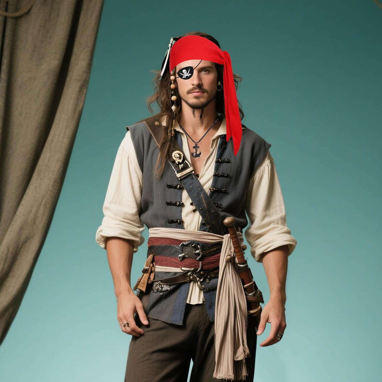Pirate Costume Accessories Set for Men Women, Pirate Head Scarf, Eye Patch, Earring for Halloween Cosplay Party - Image 5