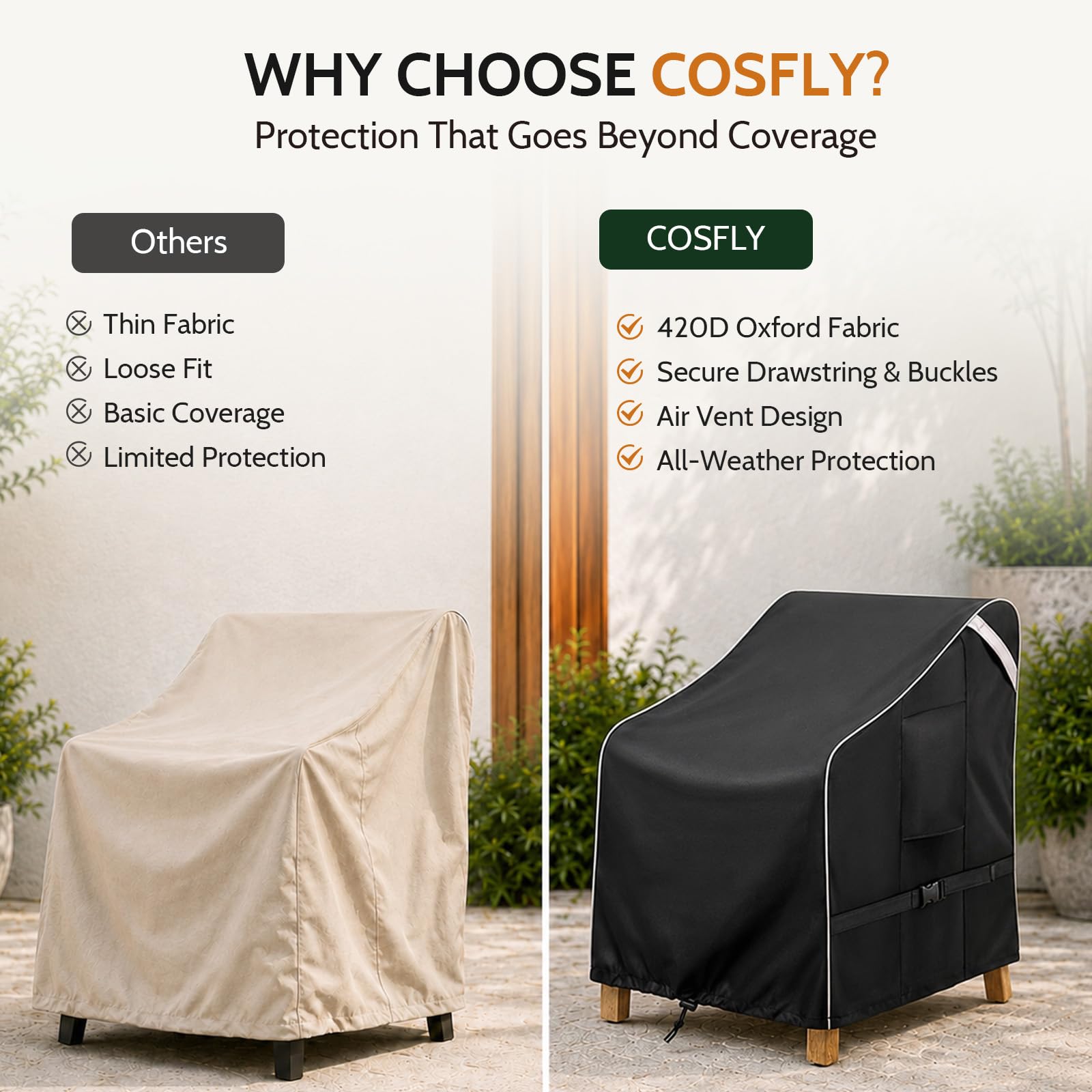 COSFLY Coperture impermeabili per mobili da giardino, confezione da 2, resistenti, adatte fino a 81 x 94 x 91 cm (larghezza x profondità x altezza) (nero)