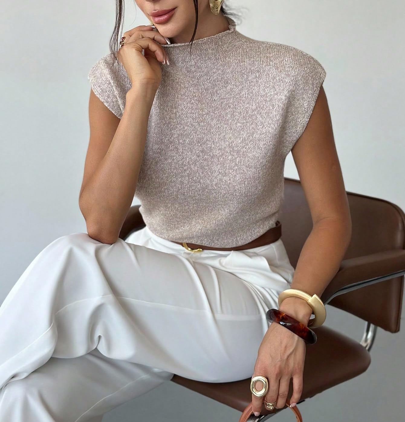 ZAFUL Women's Mock Neck Sweater Vest Cap Sleeve Casual Knit Pullover Tank Outfits Tops - Image 7