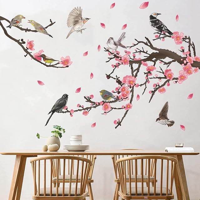 Tanlaby Pink Flower Wall Stickers Cherry Blossom Wall Decals Birds on Tree Branch Chinese Style Wall Art Sticker for Bedroom Living Room Offices Sofa TV Backdrop Wall Decoration