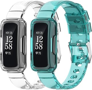 2 Pack Clear Bands Compatible with Fitbit Inspire 2/Inspire HR/Inspire/Luxe/Ace 2/Ace 3 for Women Men, Shockproof Rugged Replacement Wristband Strap with Protective Bumper Case (Clear+Clear Blue)