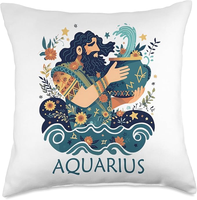 Floral Zodiac Aquarius Water Bearer Retro Astrology Sign Throw Pillow
