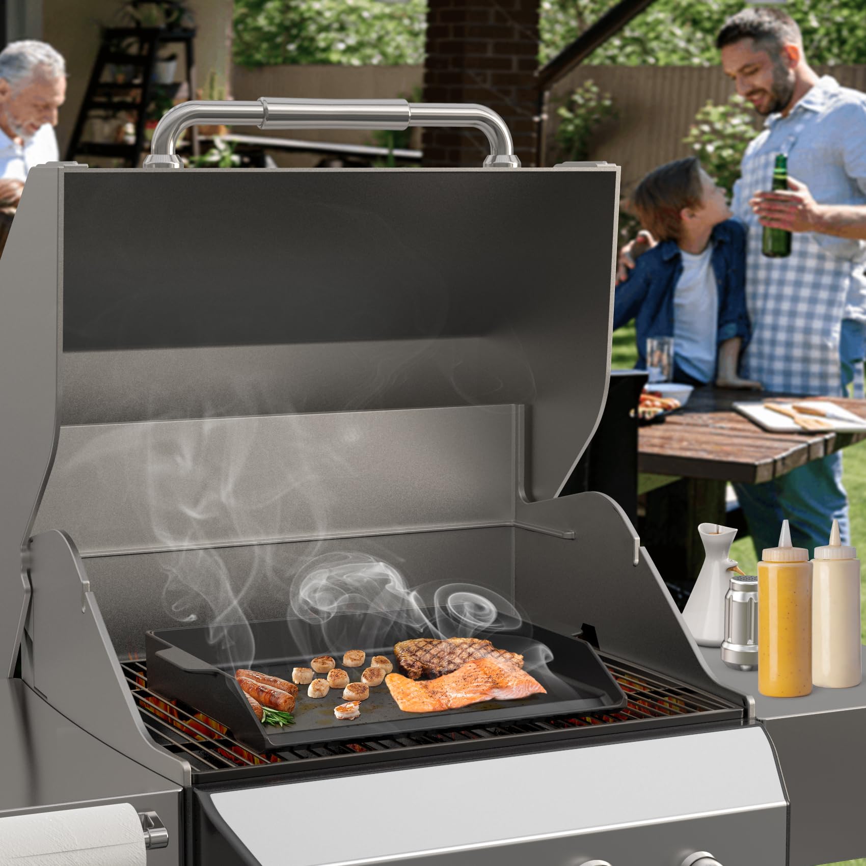 Onlyfire Piastra per Barbecue Universale in Ghisa Smaltata, Piastra per Griglia con Pareti Laterali Extra Alte per Griglia a Gas e Fornello, 47.2 x 35.5 cm