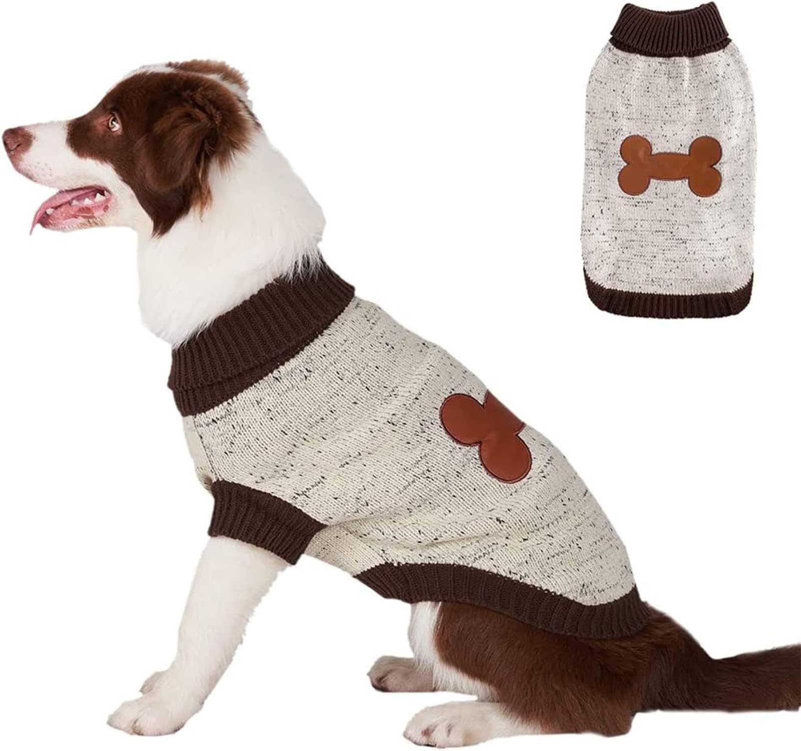 BINGPETTurtle Neck Knitted Dog Sweater,Dog Sweaters for Small Medium Large Dogs with Brown Bone Pattern,Puppy Winter Warm Cloth for Cold Weather Thermal Wear