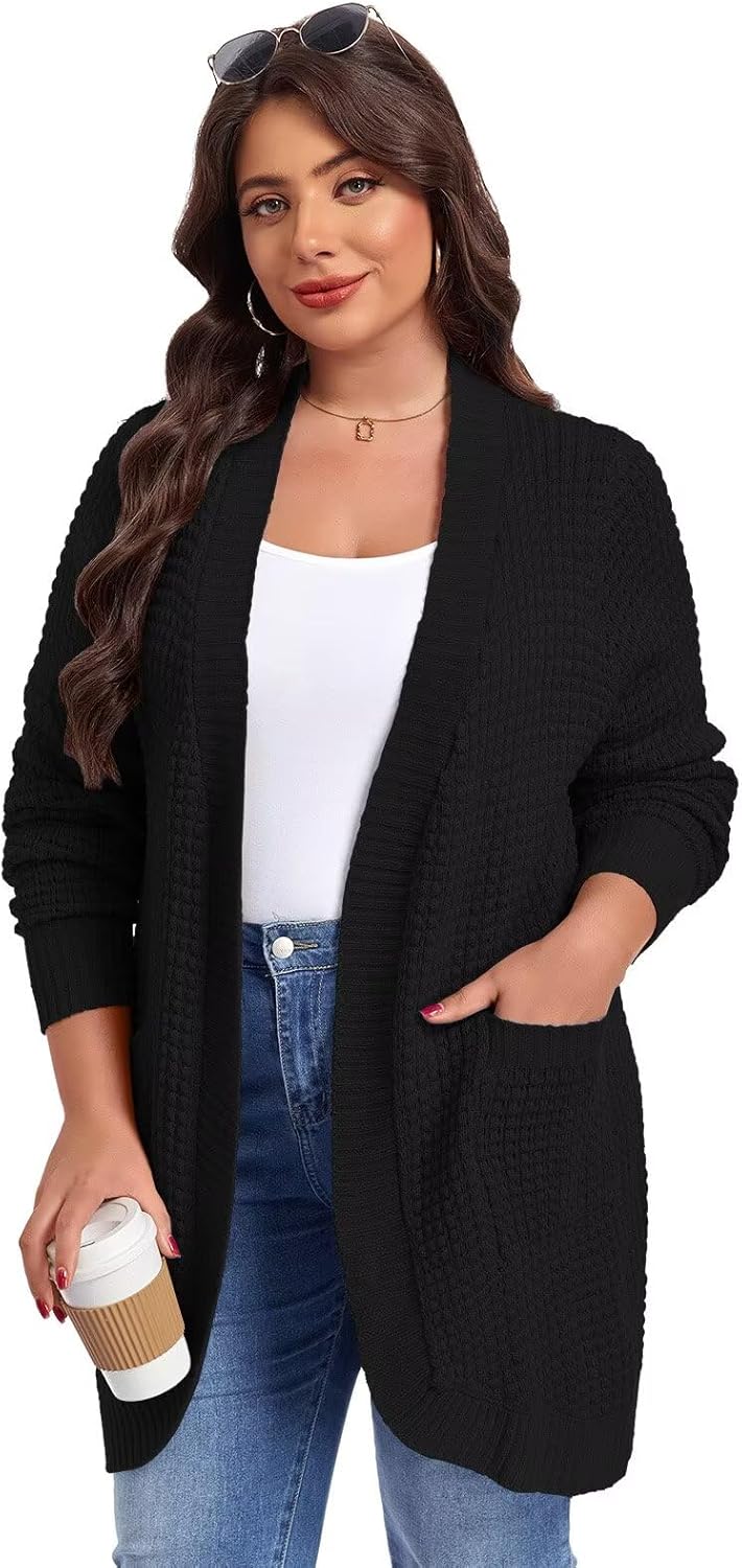 LARACE Long Cardigans for Women Plus Size Tops Open Front Sweaters with Pockets Waffle Ribbed Sleeve Loose Fall Outwear - Image 2