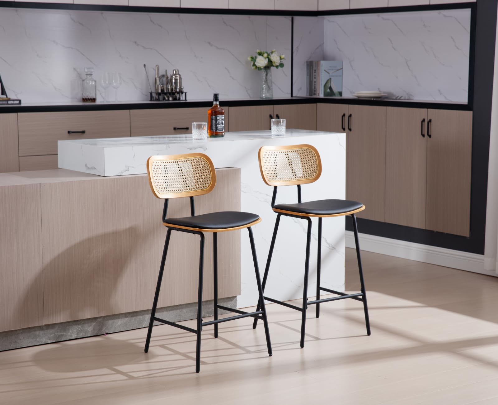 Ya-Home Set di 2 Sgabelli da Bar Sgabelli Cucina Retrò in Rattan Sgabelli Alti con Cuscino in Ecopelle Sedia da Bar con Gambe in Metallo per Cucina Bancone,Nero