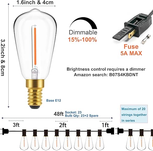 Miniatura 7 de Edison - Tira de luces para exteriores de 30 pies con 25 + 2 bombillas de filamento LED de repuesto, regulables, inastillables, impermeables, para