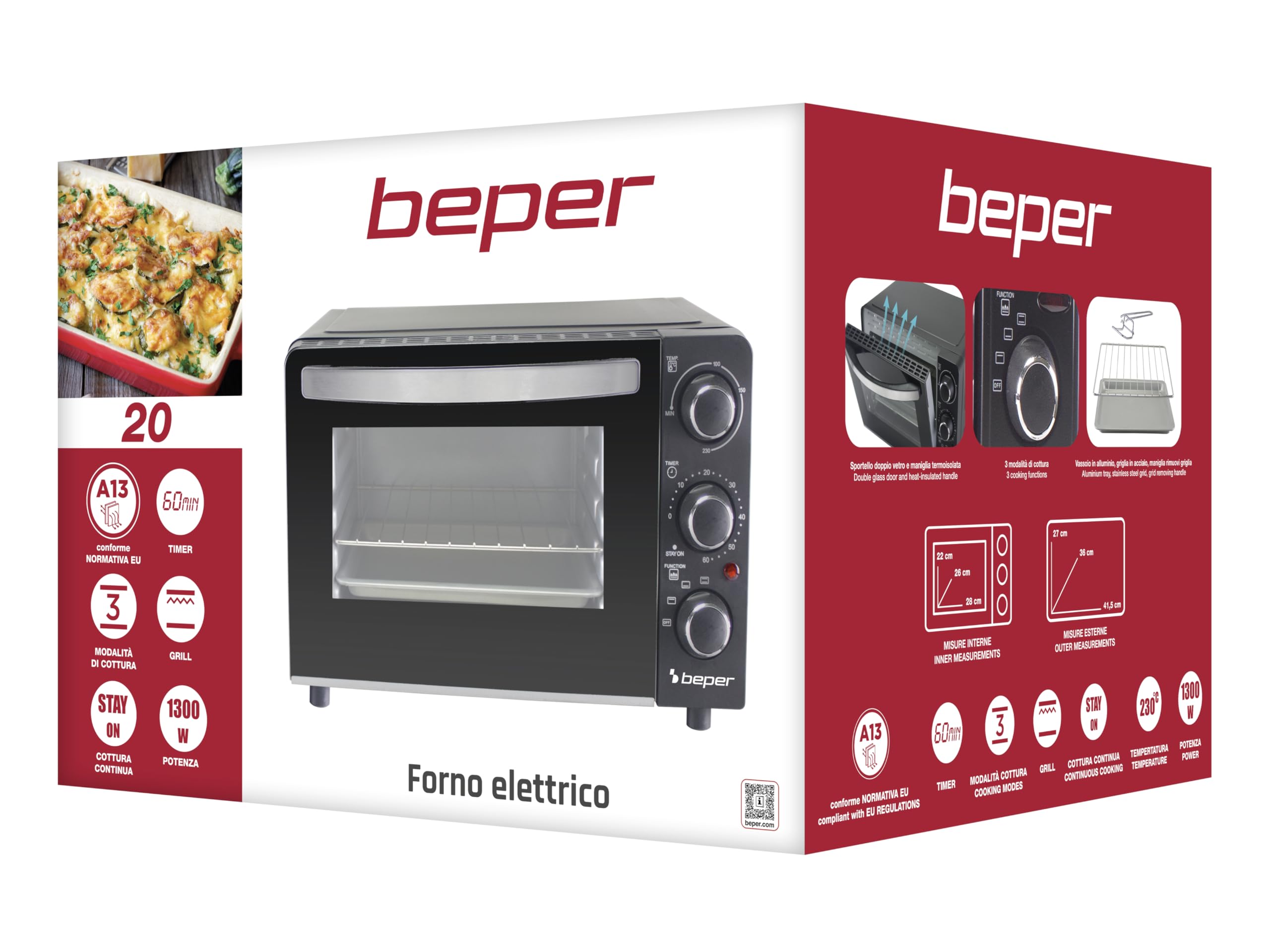 BEPER P101FOR020 Four électrique 20L, 1300W, Minuteur jusqu'à 60 min, 3 Types de cuisson, Accessoires inclus, Température jusqu'à 230°