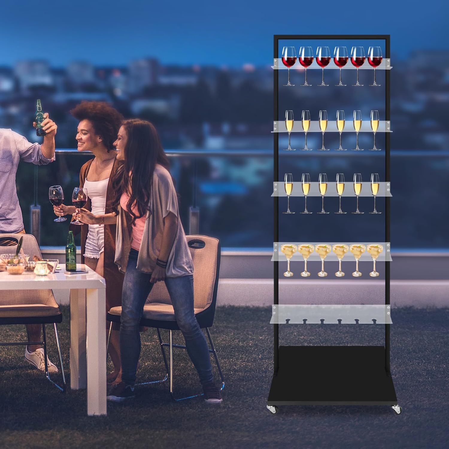 5-Tier Stemware Racks, 30-Cup Champagne Glass Display Stand, Mobile Wine Glass Rack w/Wheels/Brakes, Champagne Display Holder for Family Gatherings, Wine Tastings, Weddings (Black)