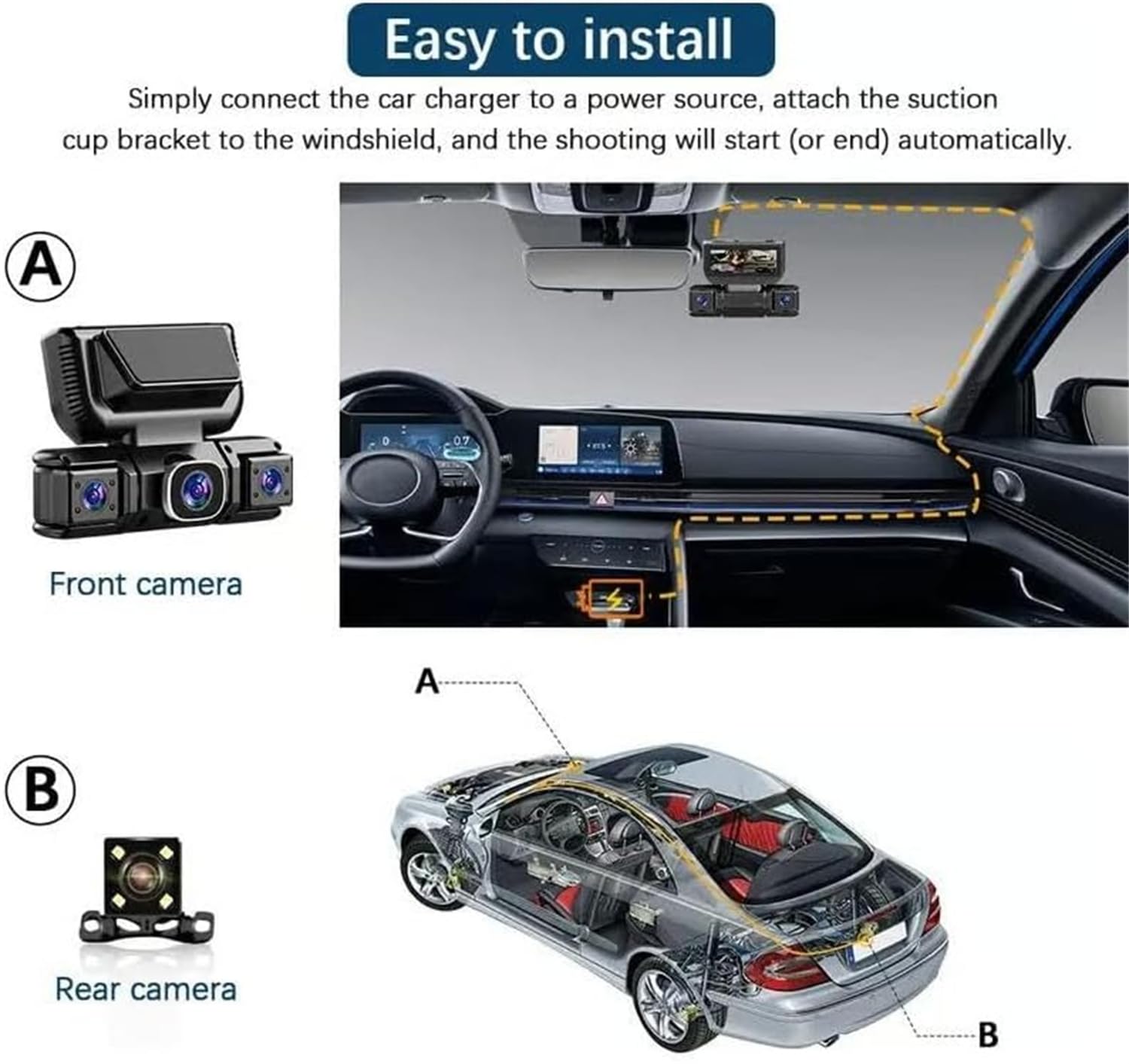 Grabadora de video DVR WiFi de 4 canales para coche de 360° con tarjeta de 32 GB, 1080P FHD vista de 360 grados, cámara frontal y trasera, control de aplicación, monitoreo de estacionamiento