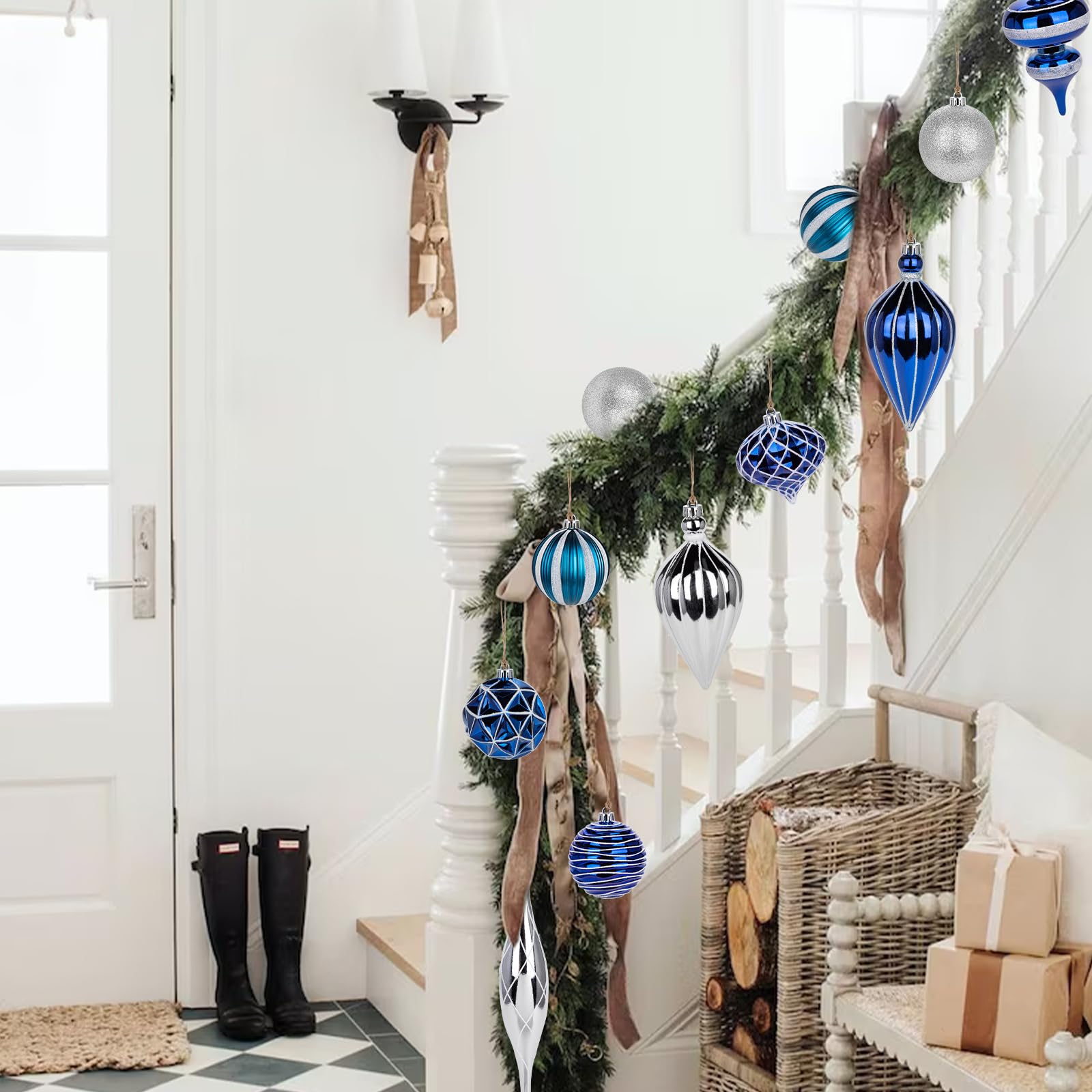 Weihnachtskugel-Ornament-Set, groß, bruchsicher, Kunststoff, dekorative Kugeln mit Hand-Hilfe-Geschenkboxen für Weihnachtsbaum, Hochzeit, Party, Urlaub, Silber, Blau, 32-teilig