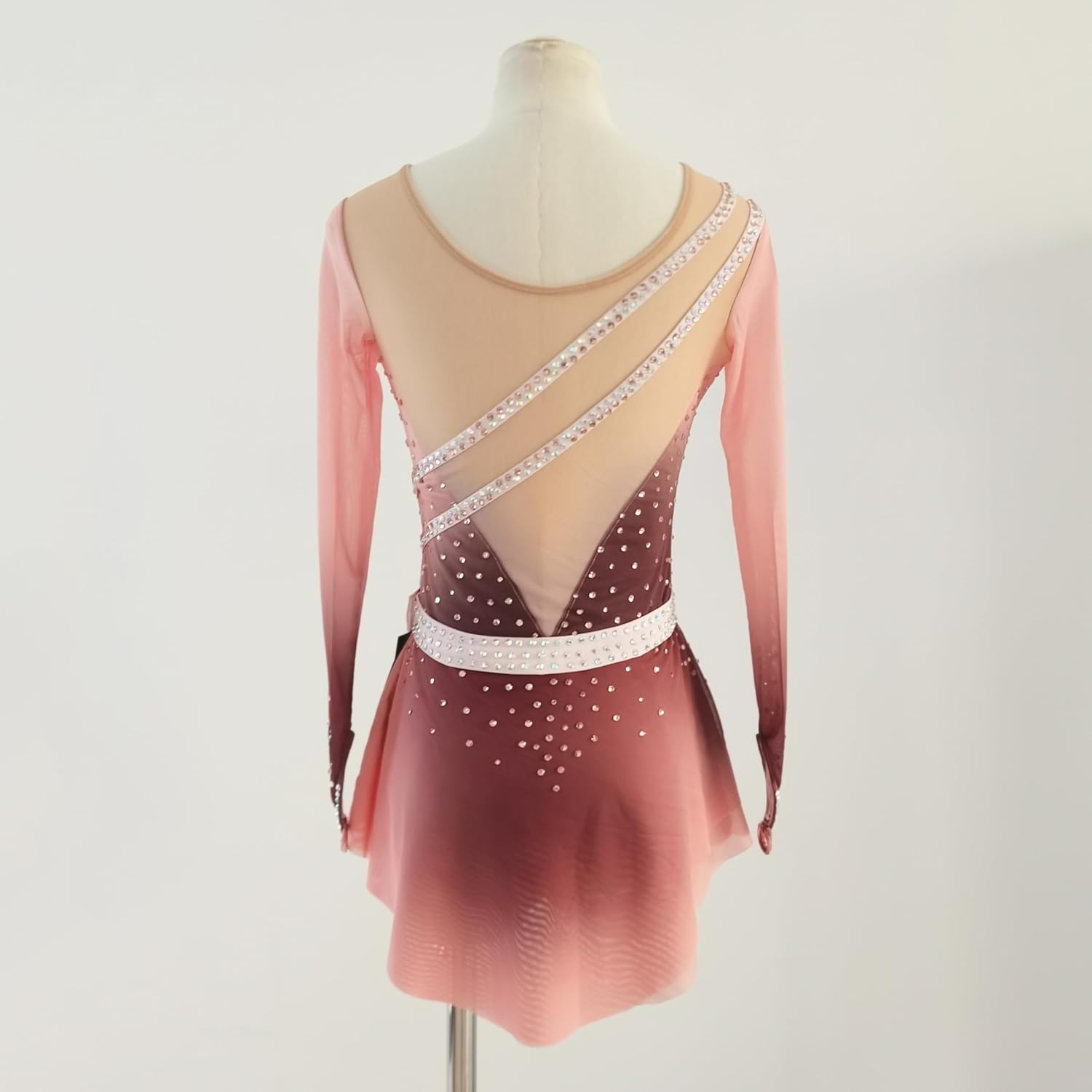 Figure Skating Dress Girl's Pink Long Sleeves Handmade Customized Competition Performation for Adlt and Child