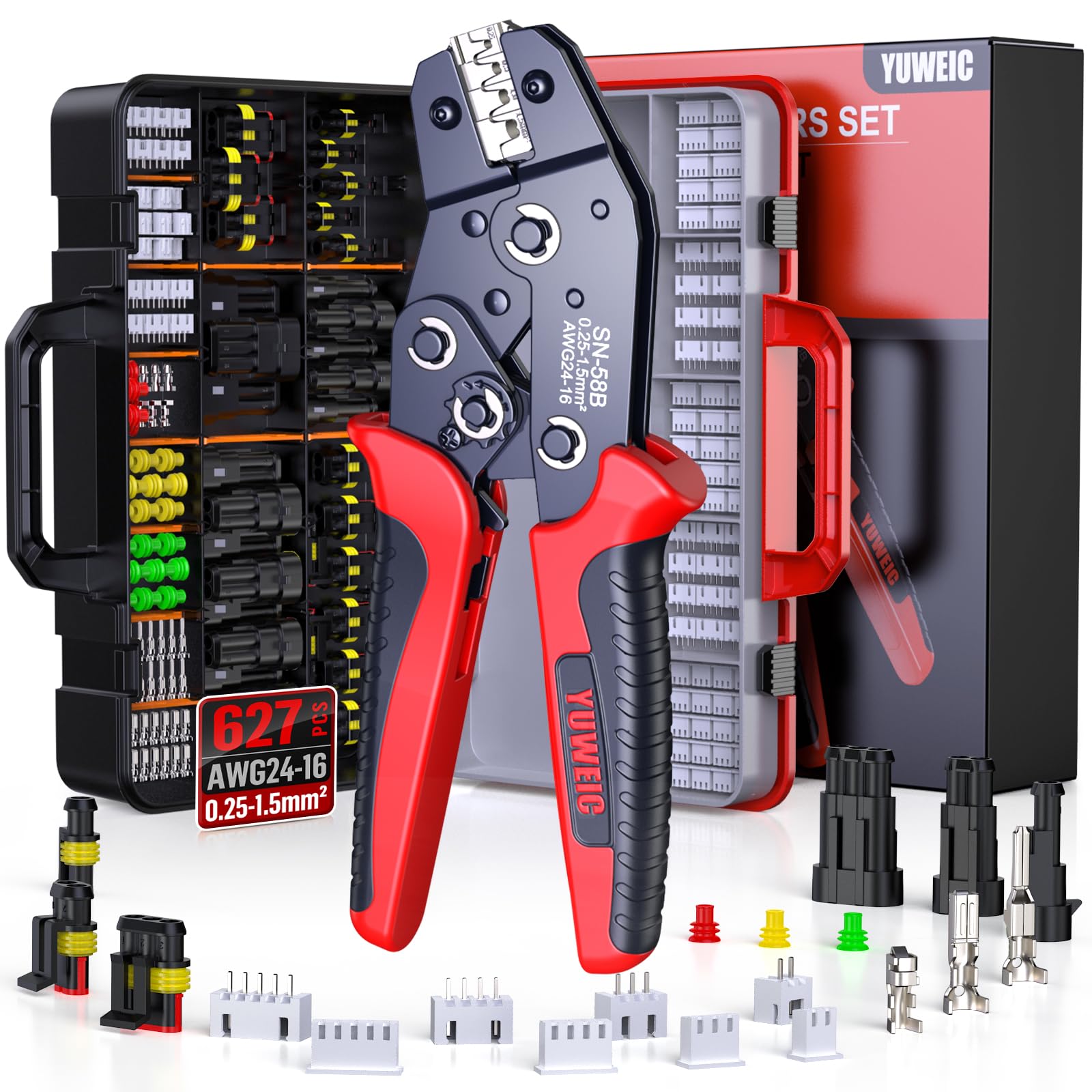 YUWEIC Crimping Tool,0,25-1,5 mm² (AWG24-16) Ratchet Electrical Wire Crimper Tool for Open Barrel Terminal Connectors,Crimping Pliers for JST,Dupont,AMP,Deutsch&Delphi(Tool+627)