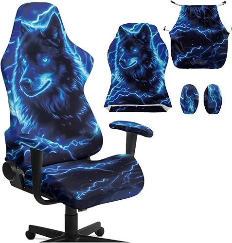 Funda ergonómica azul para silla de juegos para hombres, 4 piezas, funda de asiento para silla de oficina con cremallera, fundas de brazo a prueba