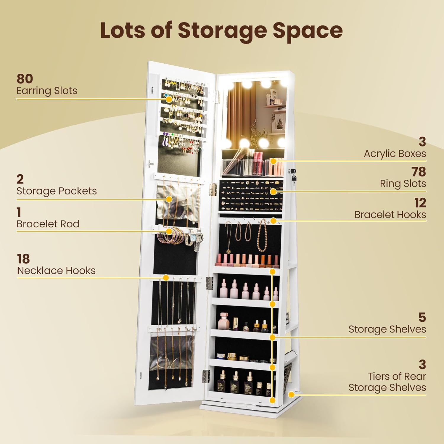 Interior view of the jewelry armoire showing various storage compartments
