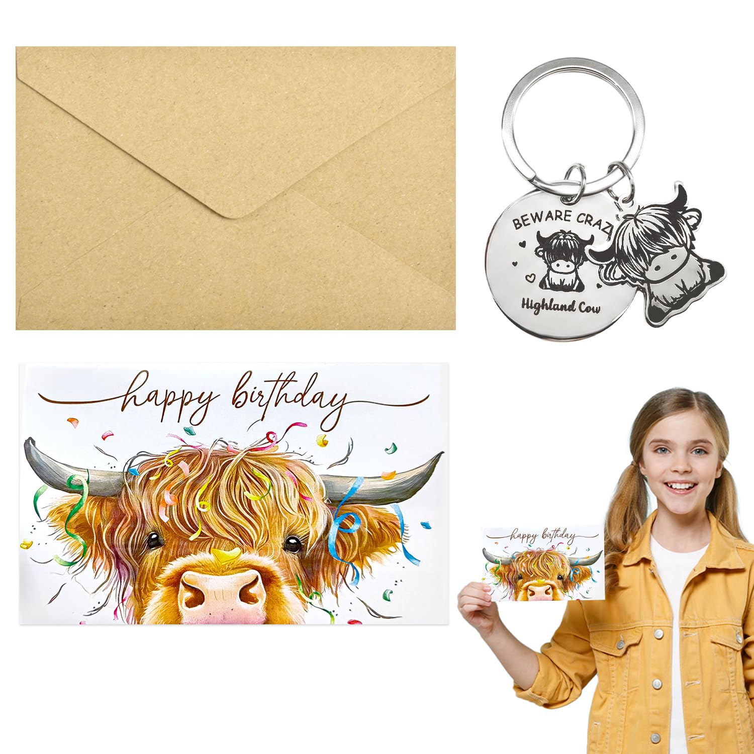 Highland Cow Card, Funny Birthday Card With Keychain Highland Cow Birthday Card with Envelope Cow Gifts for Women Mum Wife Daughter Sister Father Son Brother Friend (Set D)