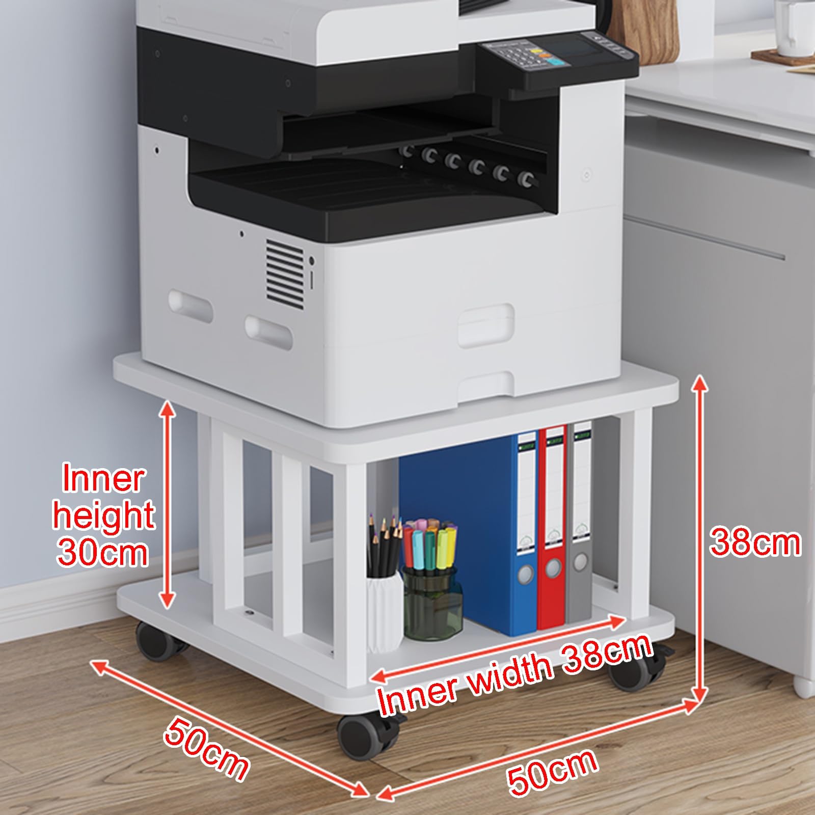 2-stufiger Großer Druckertisch Unter Dem Schreibtisch mit Ablagefläche, Beweglicher Kopierständer, Druckerständer mit Rollen, Druckerregal, Organizer-Regal for Das Home Office(White,50 x 50 x 38 cm)