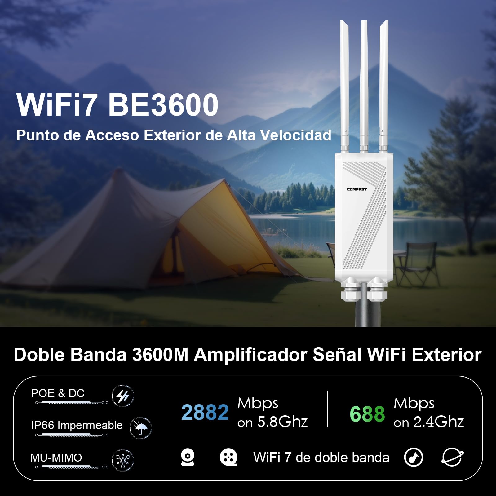 COMFAST BE3600 Amplificador de señal WiFi 7, Punto de Acceso Inalámbrico, Antena WiFi Exterior y Largo Alcance de Alta Potencia, IP66/PoE/3 Antenas para Granjas, Jardines, autocaravanas y campings