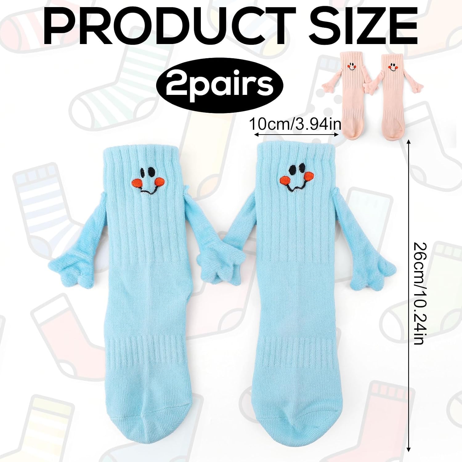 XIHIRCD 2 Pairs Hand Holding Socks for Kids, Funny Magnetic Mid-Tube Socks Smile Face Stockings Embroidered Friendship Stockings for 3-5 Years Old Toddler (Blue & Complexion)