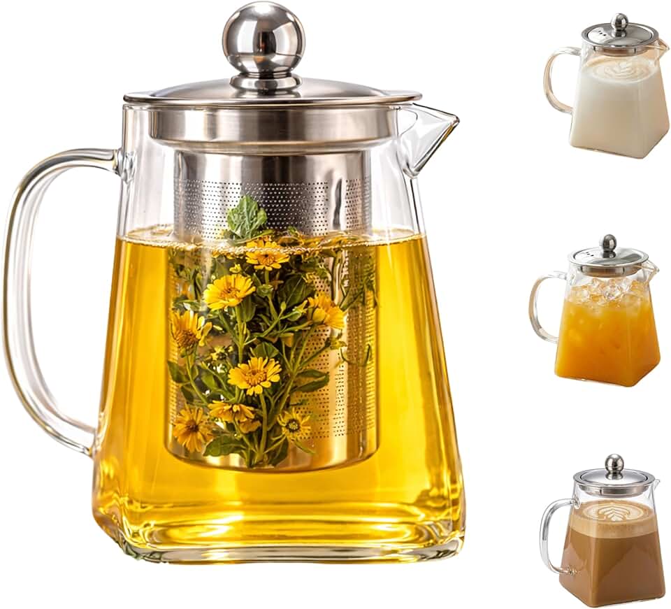 Chaleira de Vidro Borossilicato 750ml com Infusor Removível e Tampa em Aço Inox – Bule de Chá 2 em 1, Jarra de Vidro com tampa, para Chá e Infusões, Bebidas Quentes e Frias – Presente Sofisticado