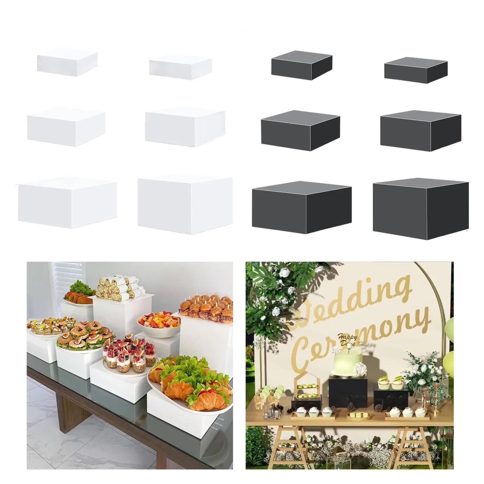Soporte para bufé Caja de 6 elevadores exhibición for mesa buffet, soportes 5 lados anidados for joyería, artículos catering, coleccionables, cosméticos, pasteles(WHITE)