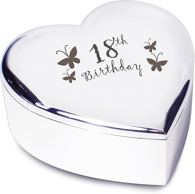 18th Birthday with Butterflies Silver Finish Heart Shaped Trinket Box Gift for Birthday