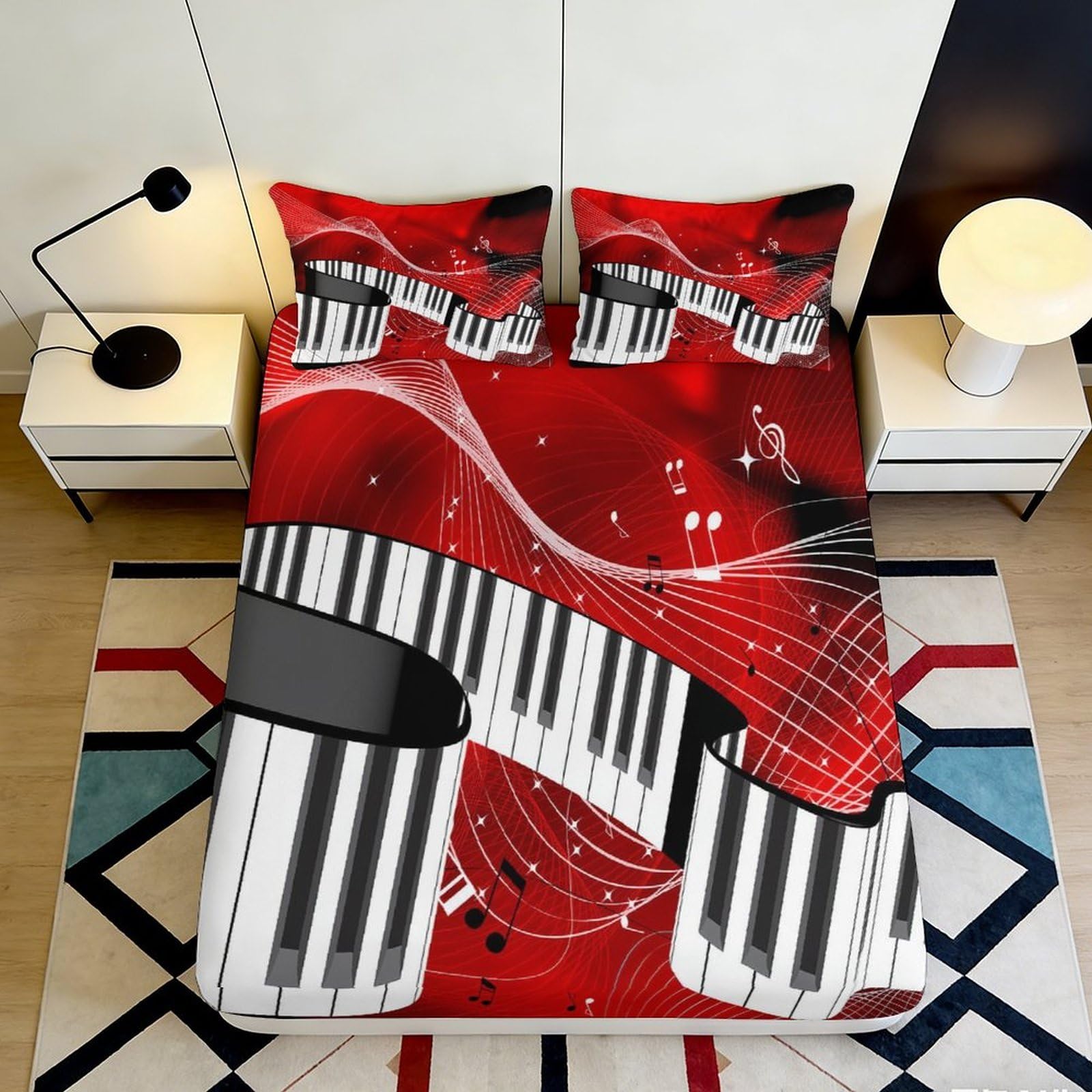 3D Printed Red Piano Keyboard Fitted Sheet Microfiber Soft Breathable Musical Notes Bed Cover for Bedroom Dormitory Guest Room Mattress Protection 160x200x25cm