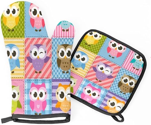 Juego de manoplas de horno y soportes para ollas de búhos coloridos y divertidos, resistentes al calor, guantes de horno antideslizantes y tapete de