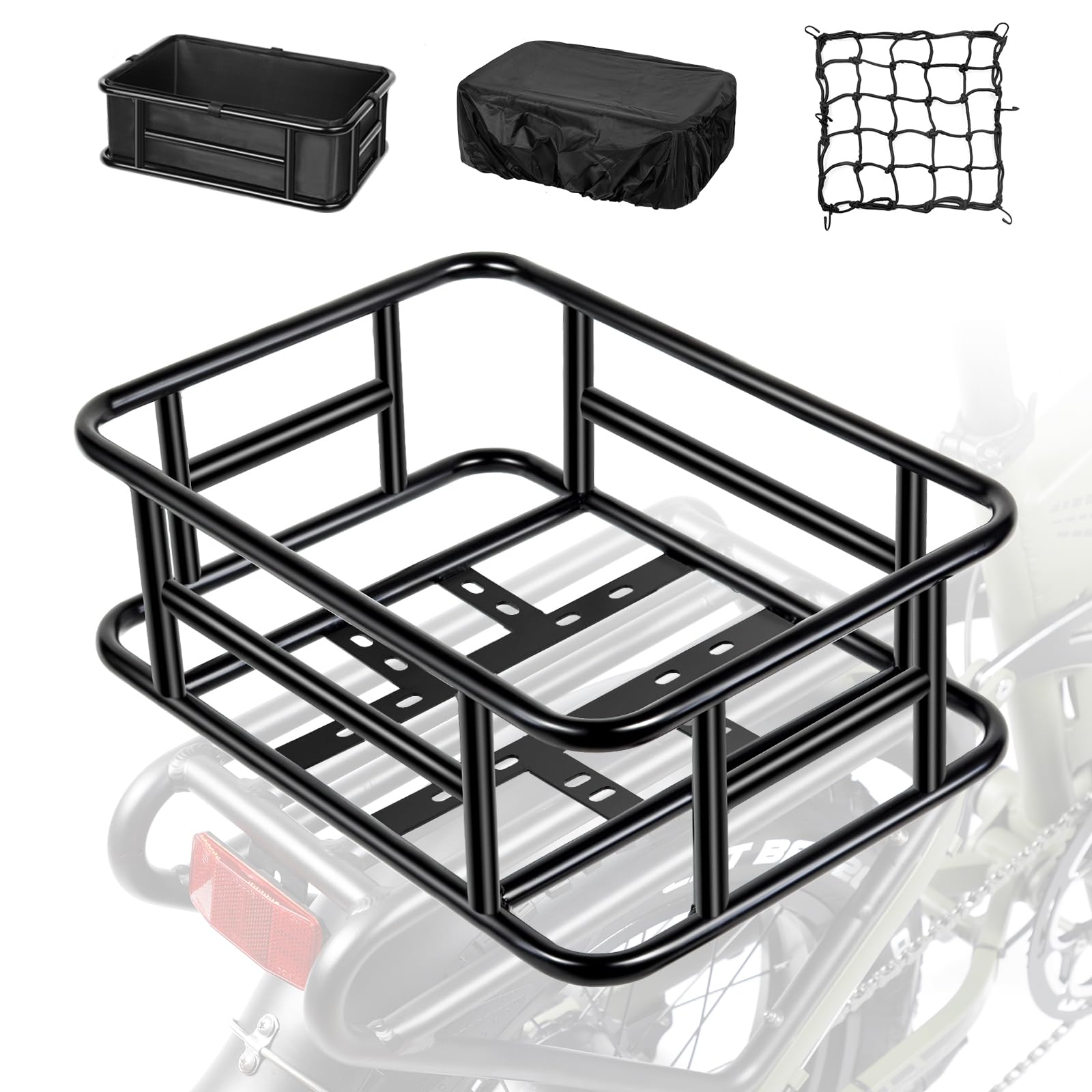 Bike Basket, Ebike Rear Basket with Liner,Waterproof Cover,Cargo Net Large Rear Removable Metal Bike Basket, Heavy Duty E Bike Rear Basket
