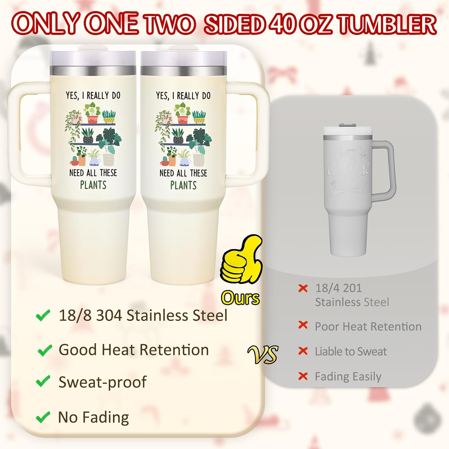 LiqCool Plant Gifts, 40 Oz Need These Plants Tumbler with Handle, Plant Lover Gifts for Plant Lady Mom Daughte Sister Friends, Cool Unique Funny Cute Plant Gifts for Christmas Brithday(Cream) - Image 3