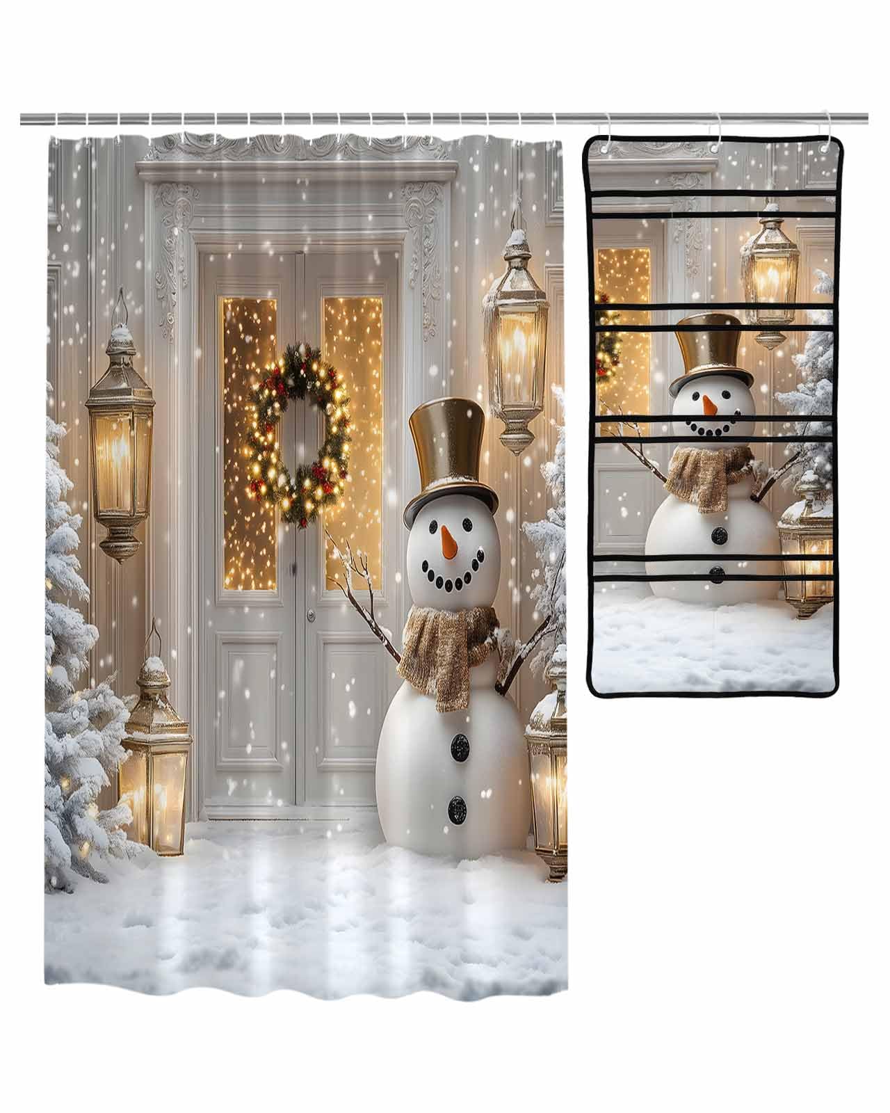 ZFUNCING Shower Curtain Mesh Shower Organizer Set Christmas Snowman Gold Hat Scarf Waterproof Bath Curtains Hanging Shower Caddy