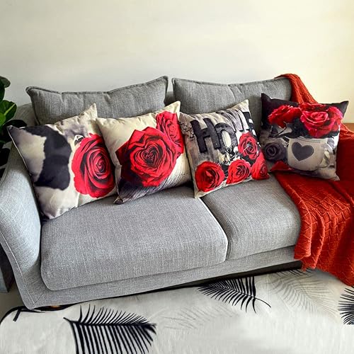 Miniatura 3 de Juego de 4 fundas de almohada rojas de Navidad para sofá, sala de estar, 20 x 20 pulgadas, juego de 4 fundas de almohada cuadradas de lino y algodón