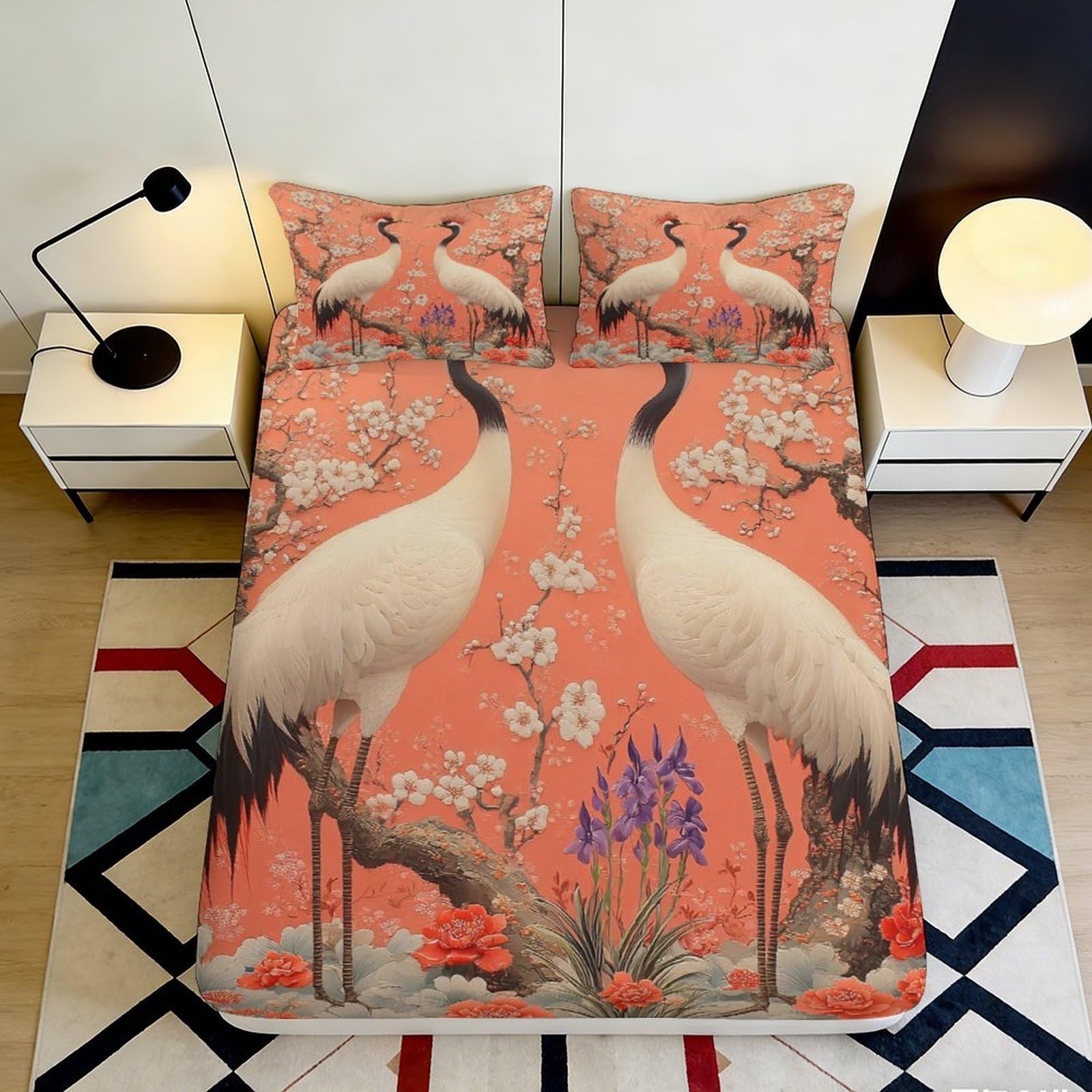 3D Printed Japanese Crane Blossom Fitted Sheet Microfiber Soft Peach Mattress Cover for Bedroom Guest Room Decor 120x200x25cm
