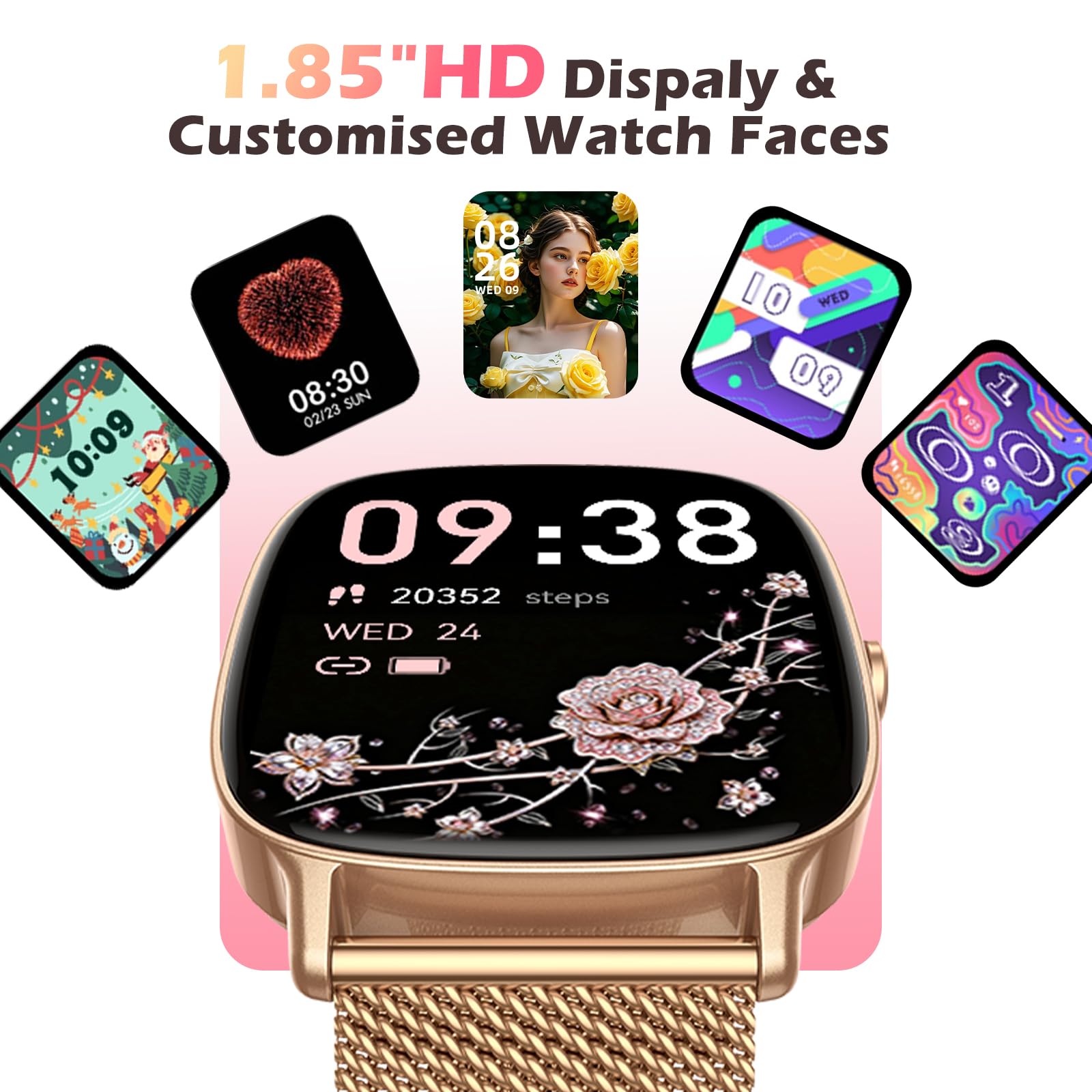 Smartwatch Donna,2 Cinturini,Risposta/Effettuazione Chiamate,Schermo Ultra Nitido1.85'' HD,Fitness Tracker Frequenza Cardiaca/Sonno/SpO2,Compatibile IOS/Android,120+Modalità Sportive,IP68 Dorato