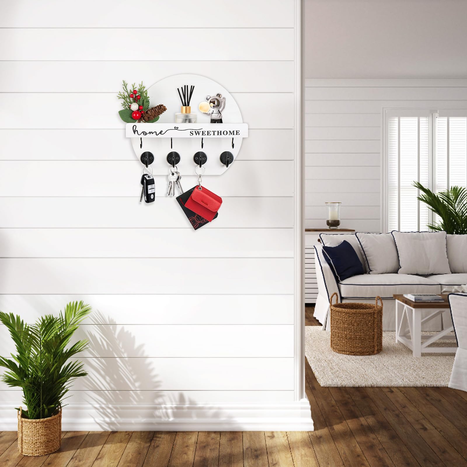 Porta Chiavi Da Muro Con Fiori Secchi Appendi Chiavi A Muro Legno Portachiavi Da Orbicolare Portachiavi Adatto Per Ingressi, Ripostigli, Corridoi, Cucine E Uffici. (Bianco e nero)