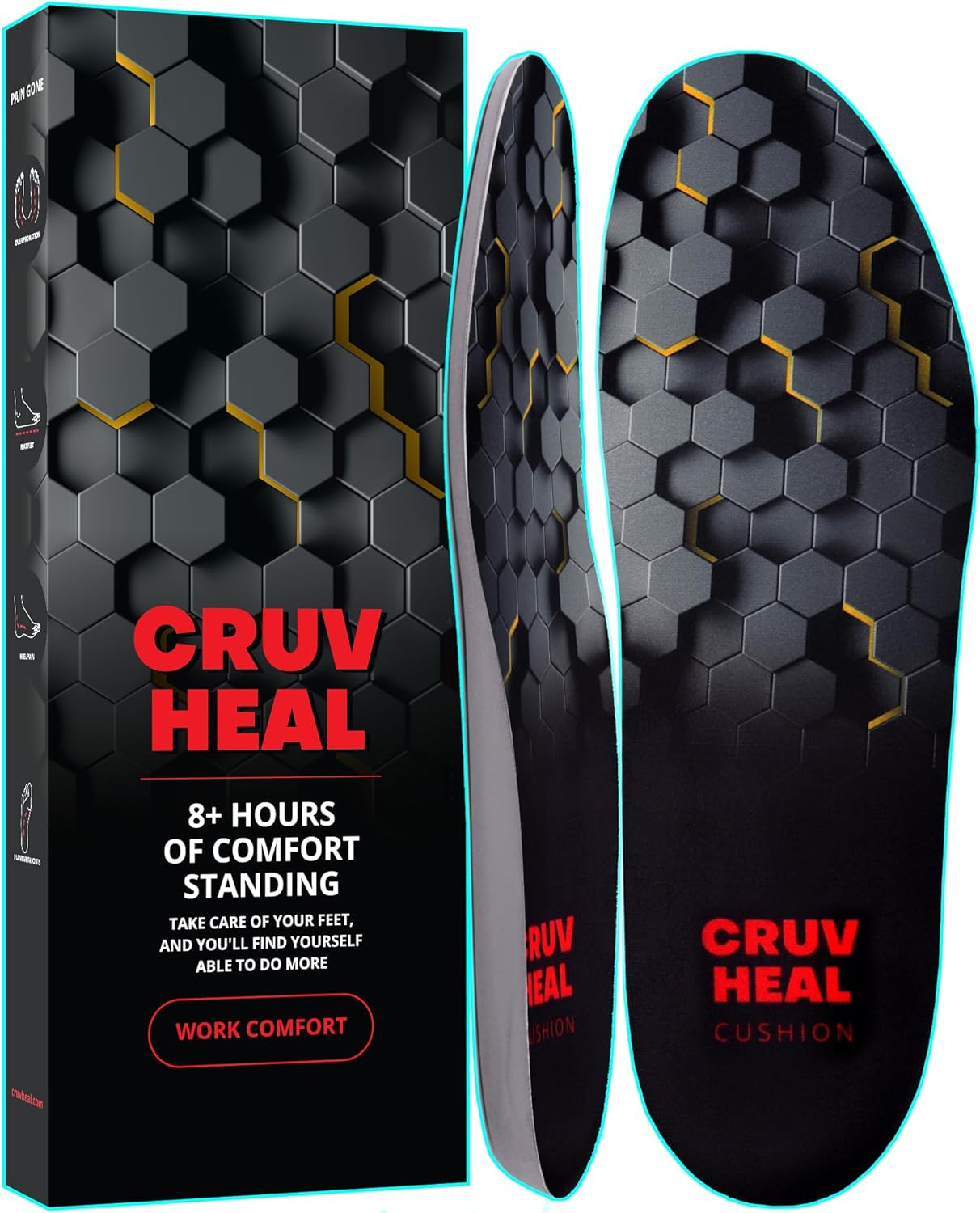 (New) Work Comfort Orthotic Insoles - Anti Fatigue Shoe Insert Men Women - Low Arch Support - Shock Absorption - Foot Pain Relief - Work Boot Insoles (Black Hexagons, L) L(Men 9.5-10.5||Women 10.5-11.5) Black Hexagons