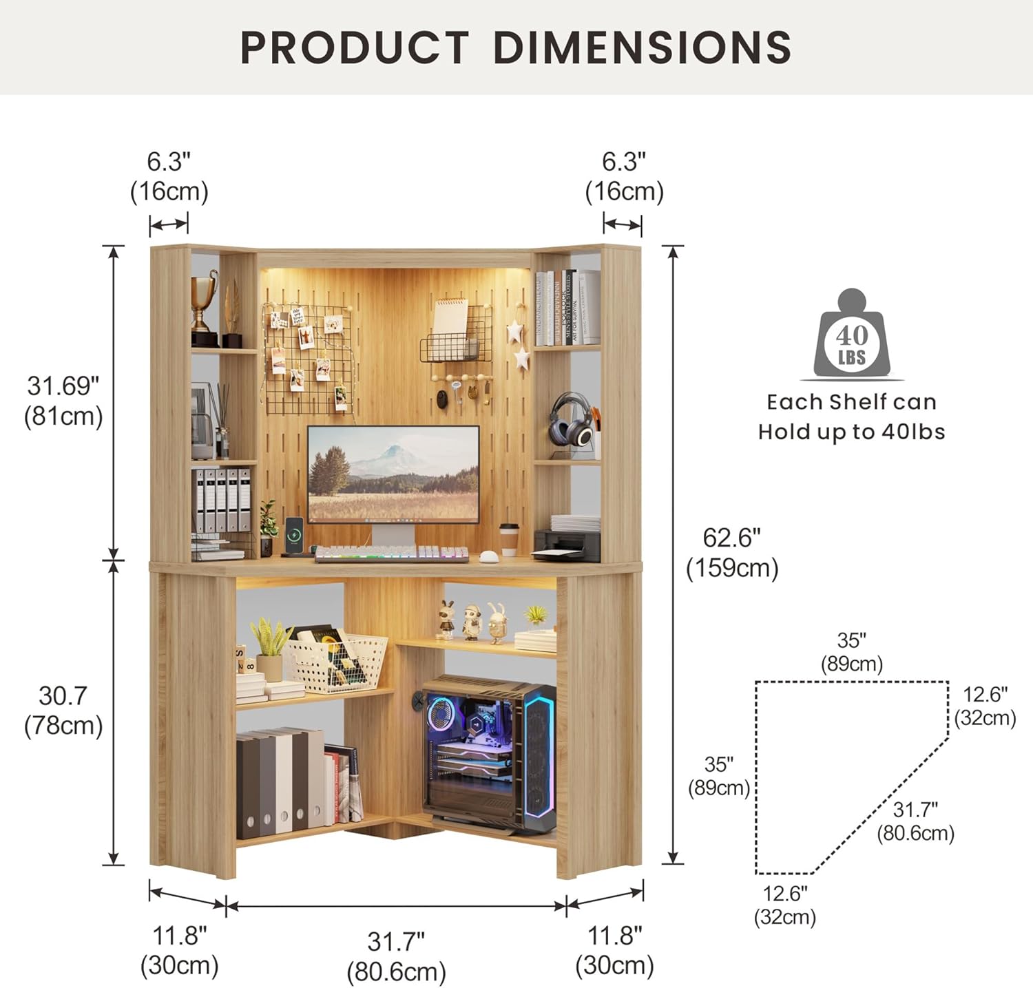 Corner Computer Desk with LED Lights, L Shaped Study Desk with Hutch & Shelves, Triangle Home Office Desk with Charging Station for Work & Study, File Cabinet Bookshelf for Small Space (Natural)