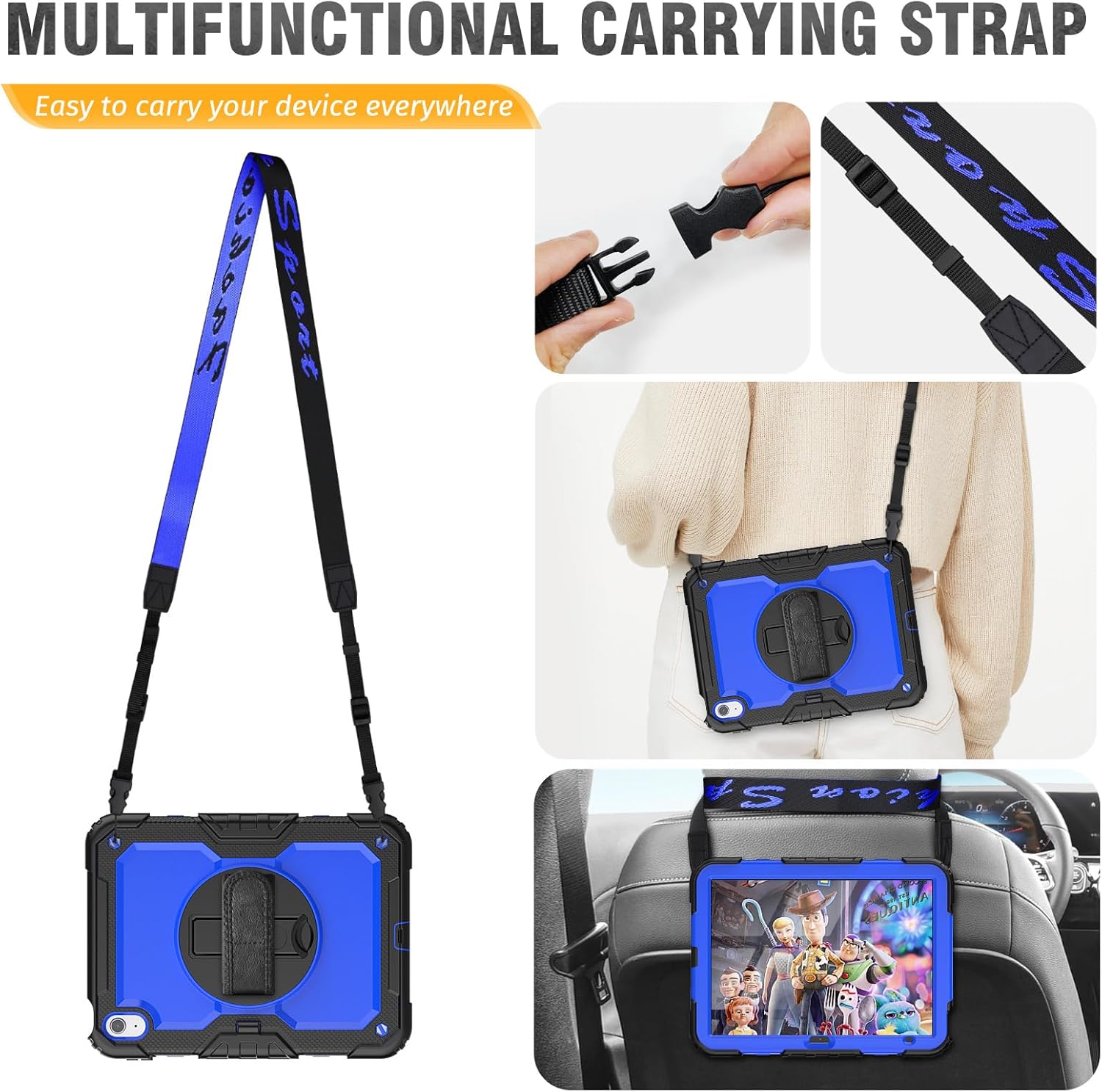 HXCASEAC Case for iPad A16, iPad 11th 10th Generation Case 10.9 11 inch, Heavy Duty Drop Proof, Screen Protector, Pencil Holder, Rotating Stand, Hand Strap (A2969/A2757/A3354/A3355) 10.86 inch, Blue