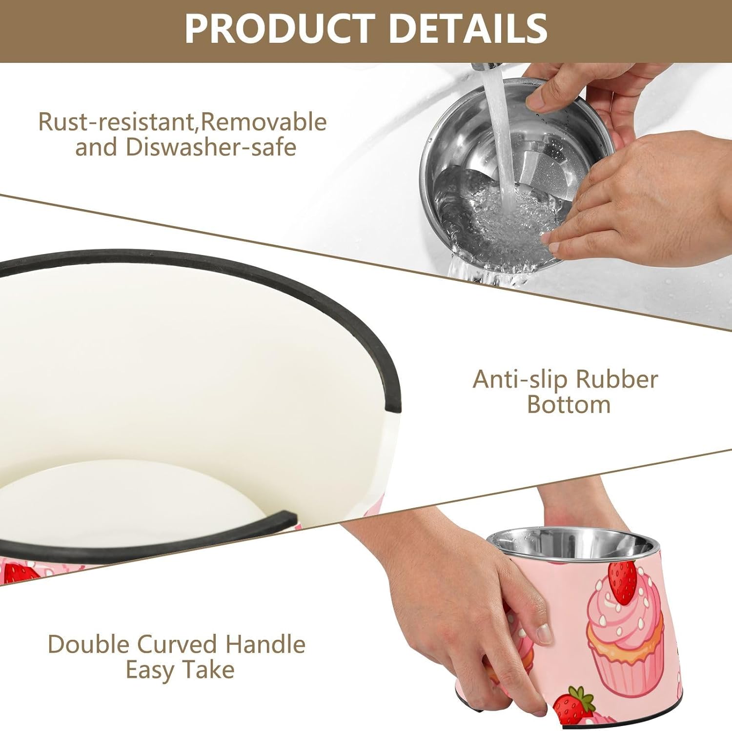 Cute Pink Strawberry Cake Pets Food Bowls with Stand Stainless Steel Cat Food Dishes for Medium Dogs Whisker Relief platos para Perros para Comer lento