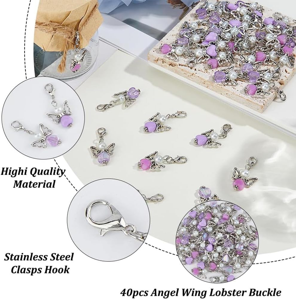 SUPERFINDINGS 40Pcs 4 Styles Angel Wing Charms Guardian Angel Charms Fairy Dangle Pendants Clip On Charms Acrylic Heart Beads Charms with Lobster Clasps image 4